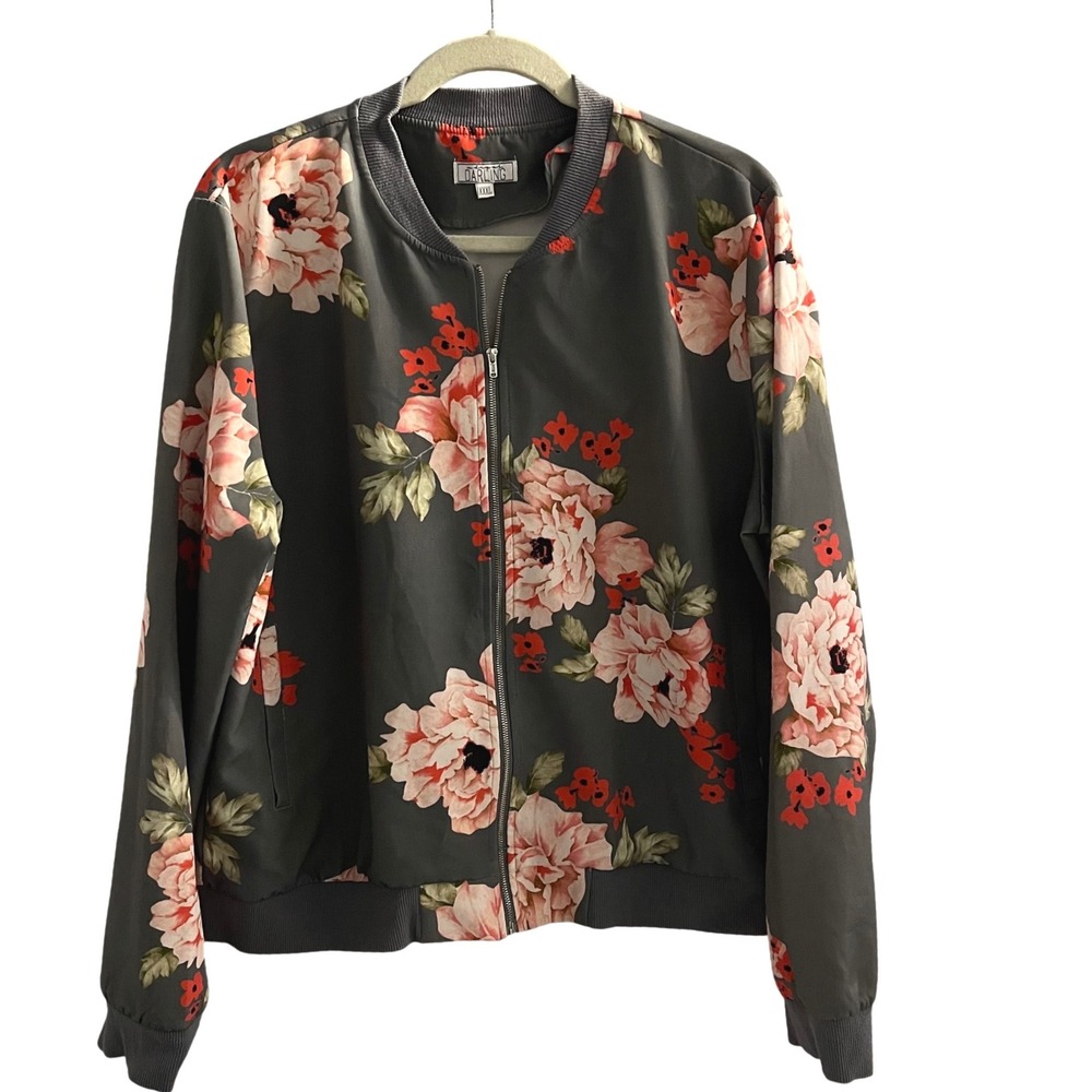A Dip Of Darling Floral Bomber Jacket XXXL Grey Pink Red Botanical Print Zip Up‎